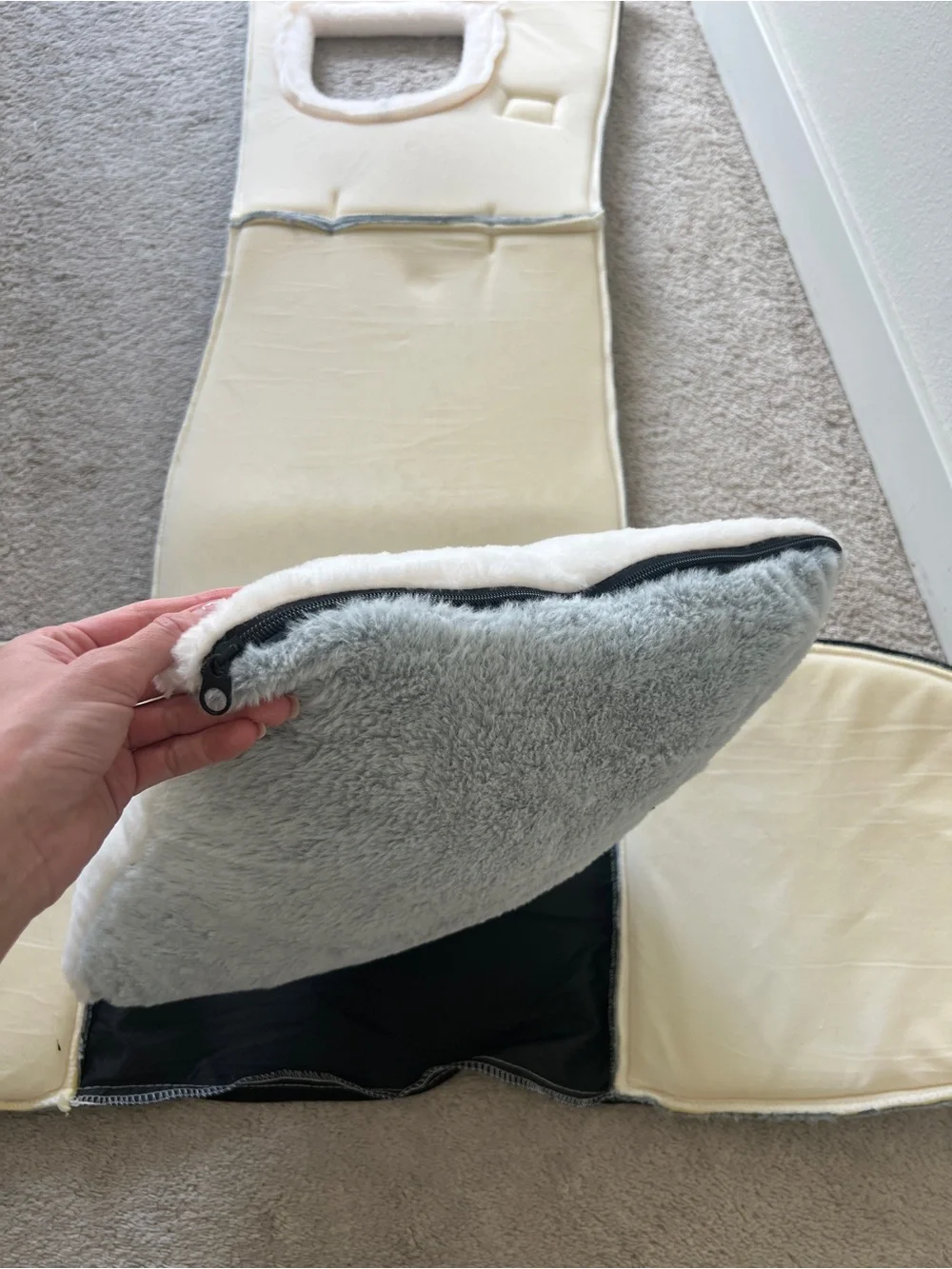 Cozy Gray Plush Pet Cave Bed with White Trim